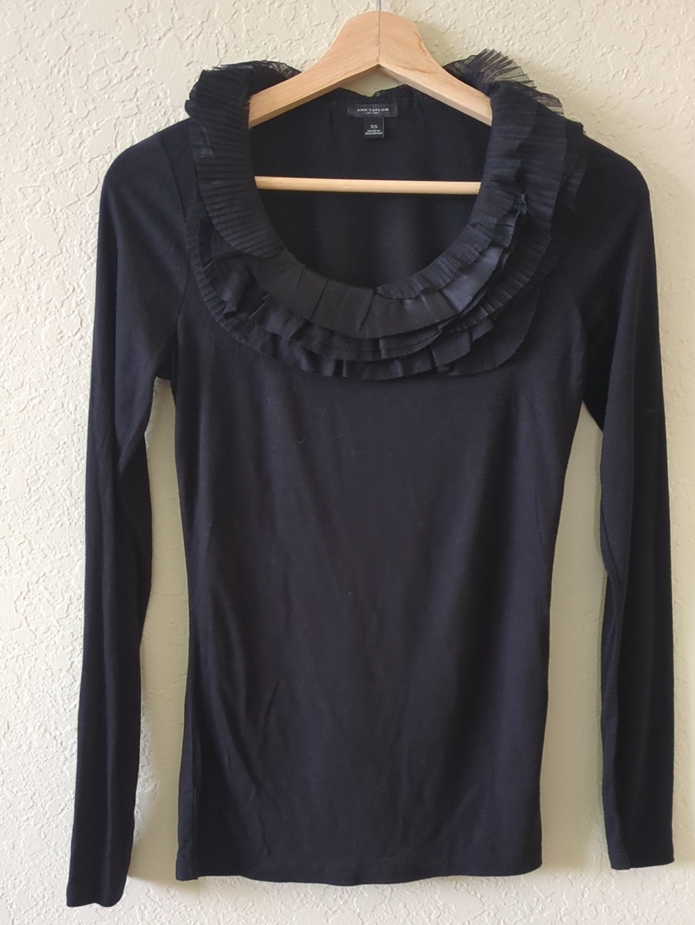 Ann Taylor Black Long-Sleeve Ruffle Neck Top